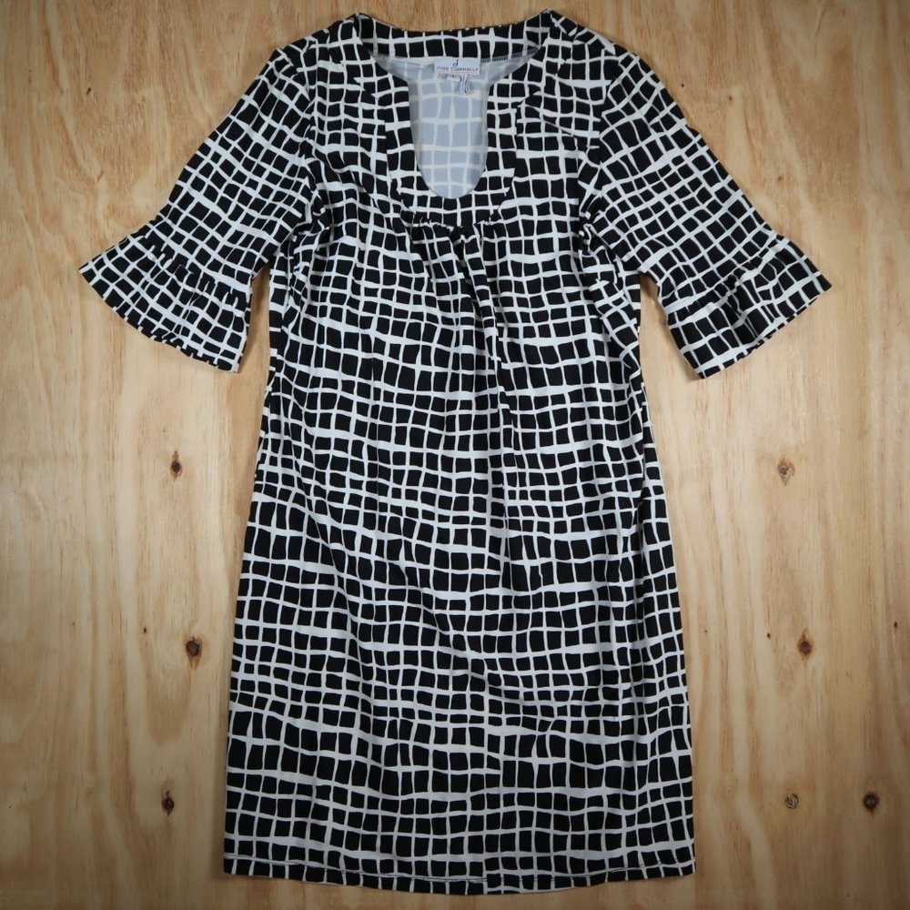 Jude Connally Black White Square Pattern Half Sleeve Dress Women's Large L